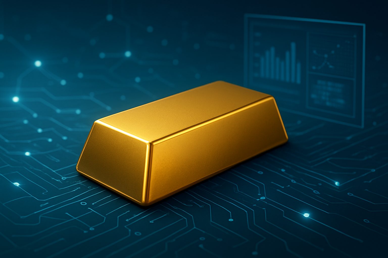 A golden bar on a blue circuit-board background, symbolizing investment in precious metals.